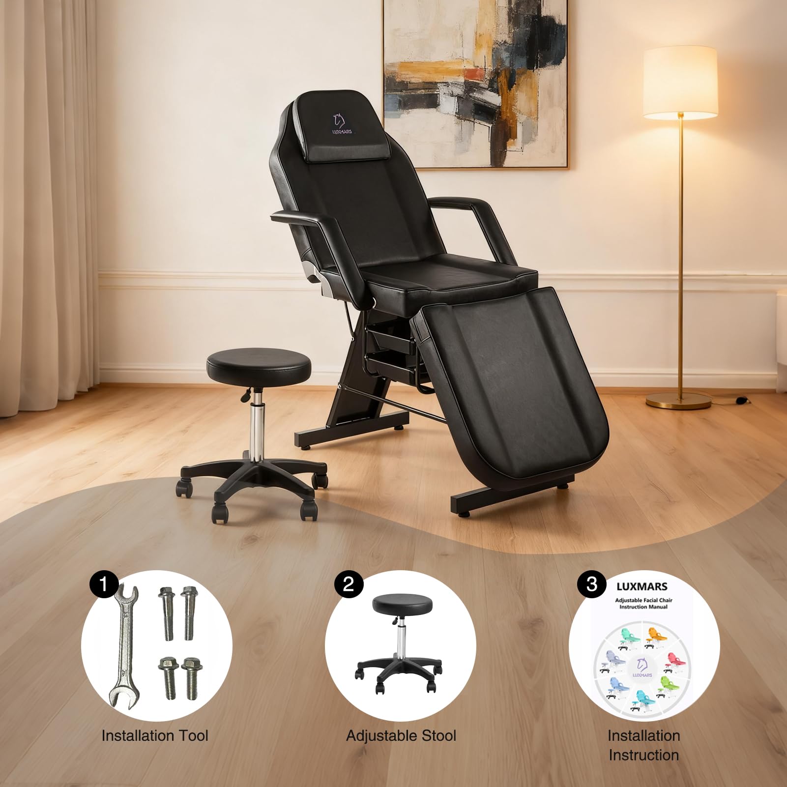 LUXMARS Facial Chair,73″ Tattoo Chair for Client,3-Section Adjustable Massage Table with Stool,Multipurpose Beauty Beds Salon Equipment for Esthetician,Tattooshop,Spa (Black)
