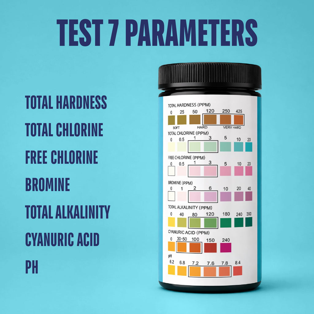 JNW 7-in-1 Pool Test Strips, 100 Quick & Accurate Test Strips for Pool Water, Spa Test Strips for Hot Tub, Chlorine Test Strips, Bromine, pH, Alkalinity, Hardness & More - Swimming Pool Test Kit