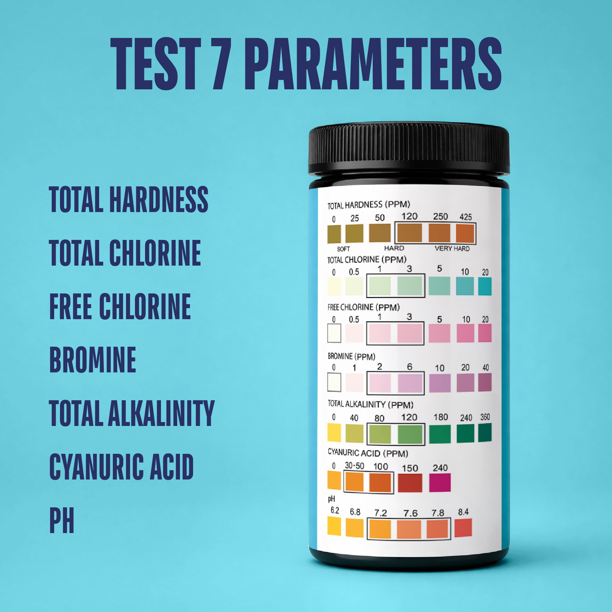JNW 7-in-1 Pool Test Strips, 100 Quick & Accurate Test Strips for Pool Water, Spa Test Strips for Hot Tub, Chlorine Test Strips, Bromine, pH, Alkalinity, Hardness & More - Swimming Pool Test Kit