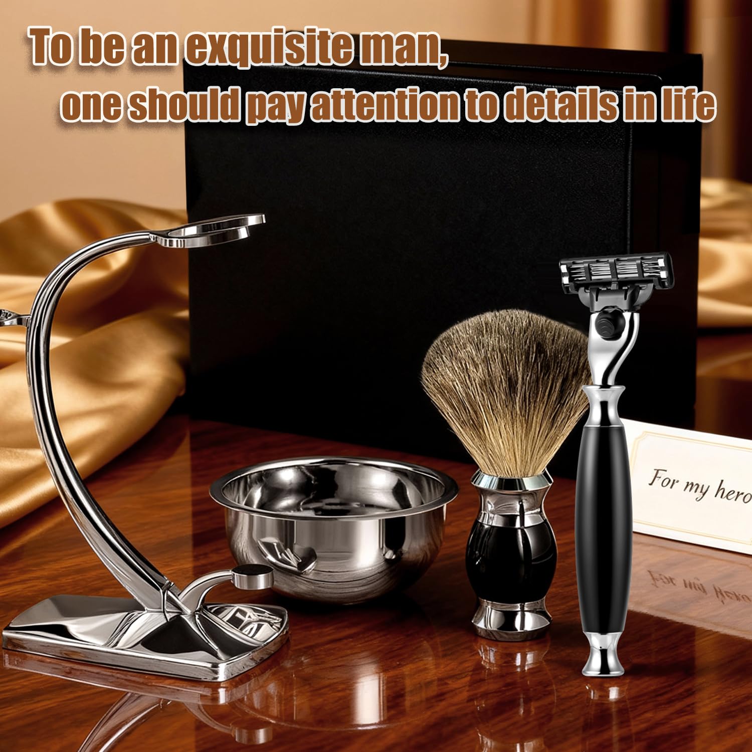 GRUTTI Premium Shaving Kit for Men, 4 in 1 Shaving Set Includes Shaving Stand & Soap Bowl &Brush, Deluxe Safety Mens Razor Holder with Non Slip Base Shaving Kit compatible with Mach 3