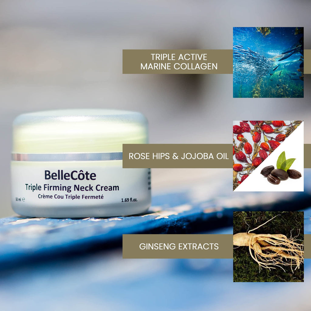 BelleCôte Paris Triple Firming Neck Sculpting Cream - Marine Collagen Tightening Peptide Cream with Bare Minerals for Double Chin, Decollete & Neckline to Keep Skin Taut & Firm