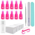 Gel Nail Polish Remover Kit with 10pcs Pink Nail Polish Remover Clips Cap, Dispenser Bottle,Gel Polish Cuticle Pusher, 400 PCS Cotton Pads, Handle Brushes, Nail File, Buffer Block