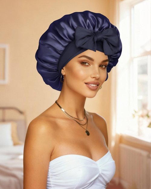 Reversible Satin Bonnet for Sleeping Women Silk Double Layer Hair Cap with 2PCS Scrunchies Elastic Tie Band Night Cap Wrap for Natural Curly Hair (Navy Blue + Light Blue)