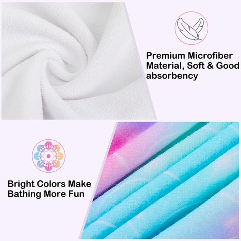 FIOBEE Microfiber Hair Towel Wrap for Kids Rapid Drying Turbans for Wet Hair with Button Women & Girls Long, Curly Hair Pack of 2, Purple/Green Mermaid