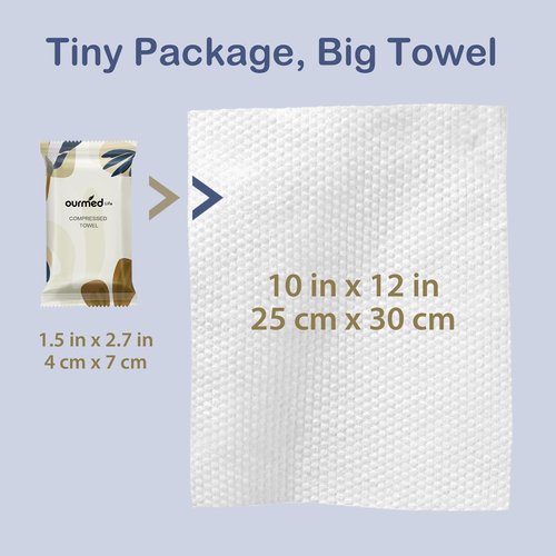 Ourmed Life Compressed Towel Tablets – Portable, Individually Wrapped Disposable Face Towels, Quickly Expand with Water, Soft & Lint-Free, 12‘’x10‘’ for Travel, Camping, Hiking, Backpacking (56 Count)