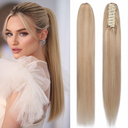 Human Hair Claw Clip Ponytail, Claw Clip Human Hair Ponytail,Effortless Application with Secure Hold,Style in Seconds,Quick Styling Solutions for Busy Lives 18"/113g Gold Blonde Mix Dark Blonde