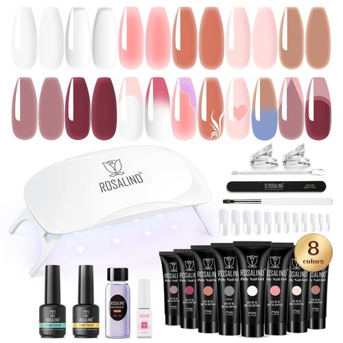 ROSALIND Poly Nail Gel Kit -8 Colors + White Brown Accessories Clear Nude Christmas Poly Nails Gel Starter Kit With Slip Solution Nude Pink Extensions Set with Mini UV Lamp