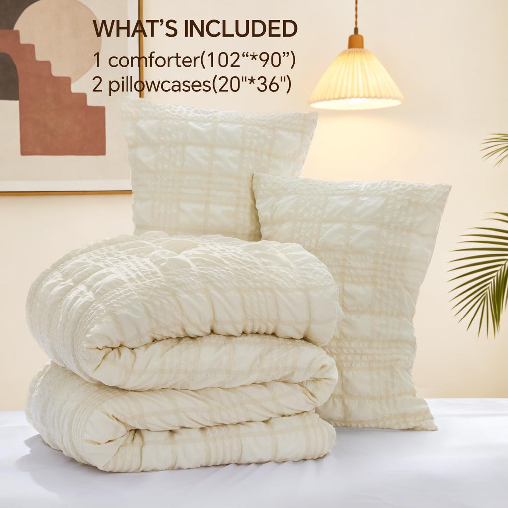 BEDELITE Cream King Size Comforter Set, All Season Luxury Seersucker Bedding Set with Pillowcases, Soft Lightweight Comforter 3 Pieces for Bedroom