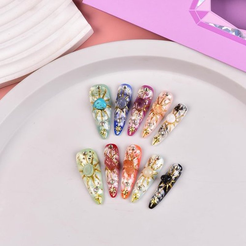 Tmani 10pc/set Long Handmade Press On Nail Hot Girl's Long Nails Ten Kinds of Natural Crystal Stone Decoration Fake Nails Suitable For Girls Festival Parties and Birthday Gift(442,L)