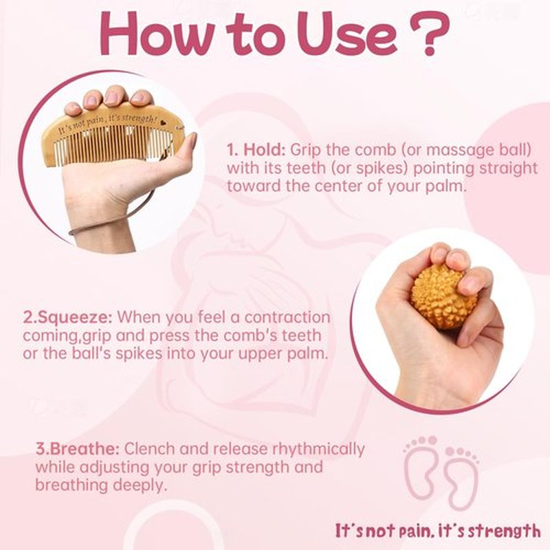Birthing Comb & Acupressure Massage Ball Set for Labor Pain Relief, Wooden Labor Comb for Women Natural Labor and Delivery Essentials, Pregnancy Gifts for Expecting Mom