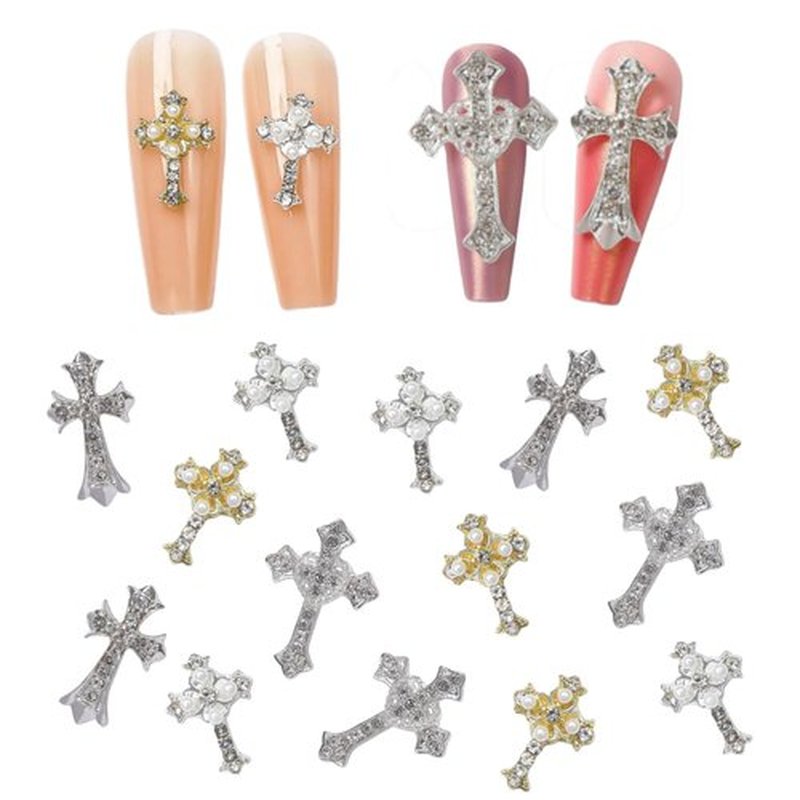 20pcs Retro Alloy Pearl Cross Nail Charms, Y2K Rhinestones for Nail Art, Punk Gothic Design Kit