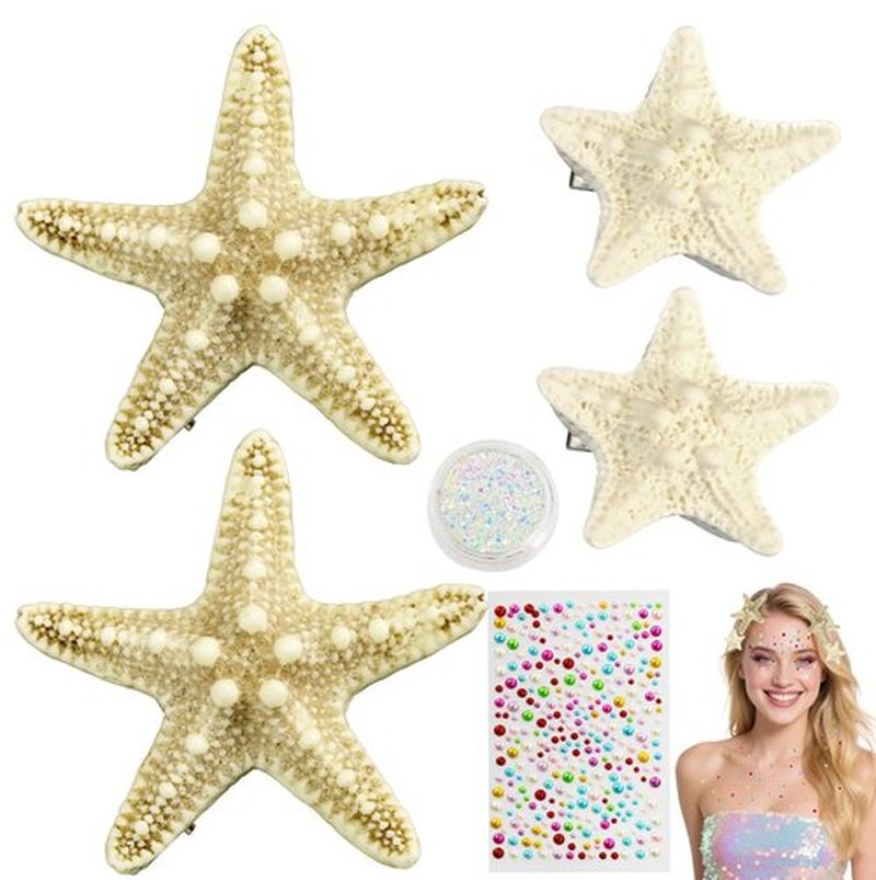Mermaid Costume Accessories Women - 4PCS Starfish Hair Clip, Mermaid Face Glitter and Pearl Stickers, Halloween Hair Clips for Princess Outfit Cosplay