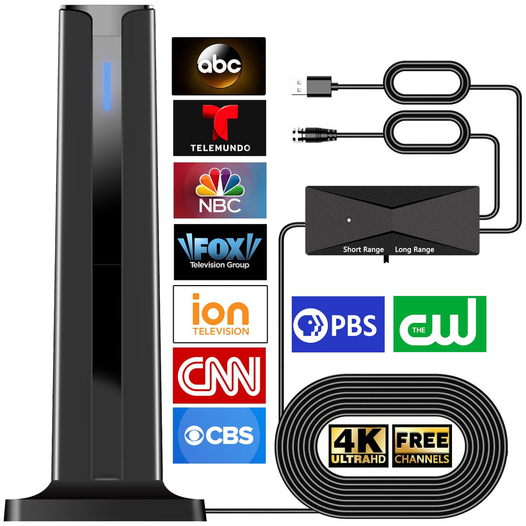Digital Antenna for Smart TV Indoor, 2026 HD Antennas with 3M-Stick Base, 360°&Long Range Reception 4k 1080p for Local Channels, Easy Setup Antenna for TV Without Cable (Black)