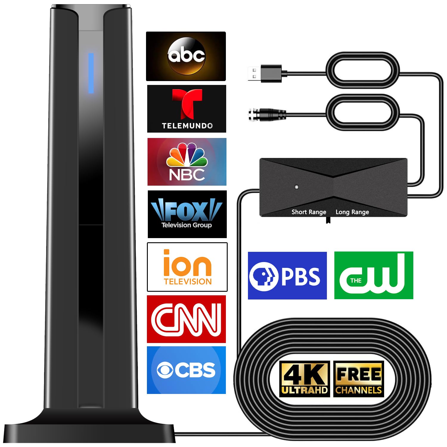 Digital Antenna for Smart TV Indoor, 2026 HD Antennas with 3M-Stick Base, 360°&Long Range Reception 4k 1080p for Local Channels, Easy Setup Antenna for TV Without Cable (Black)