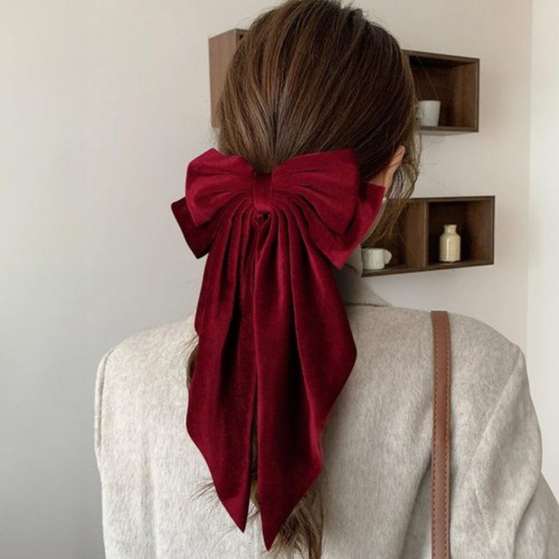 2PC Dark Red Velvet Hair Bows Hair Ribbon Clips Oversized Bowknot Hair Barrettes With Long Tail Vintage Hair Decoration Accessories for Women Girls Thick Curly Wavy Straight Hair