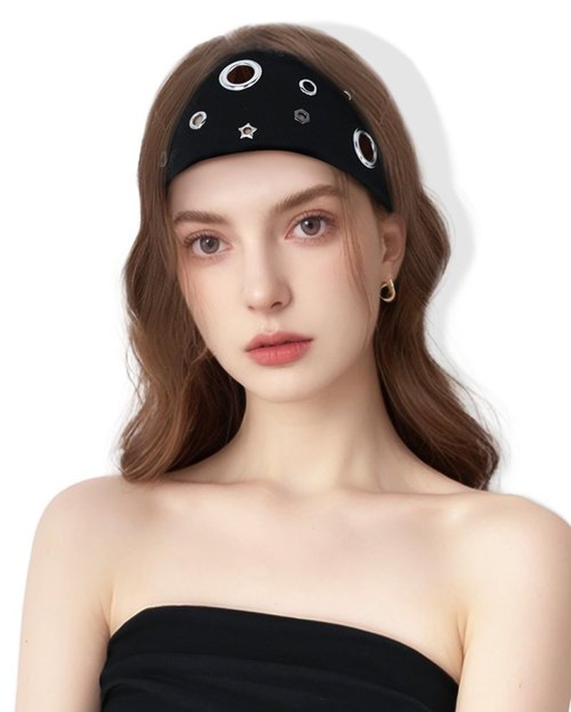 JENSVOIR Grommet Headband for Women, Black Star 23cm Hollow Out Elastic Hair Band, Eyelets Punk Grunge Stylish Hairband
