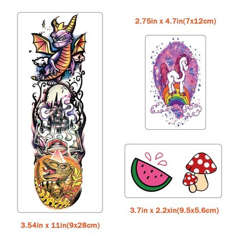 52 PCS Kids Full Arm Temporary Tattoos - Rocket Car Dinosaur Planet Astronaut & Dolphin Castle Cat Body Tattoos Stickers for Boys & Girls, Party Supplies Gifts