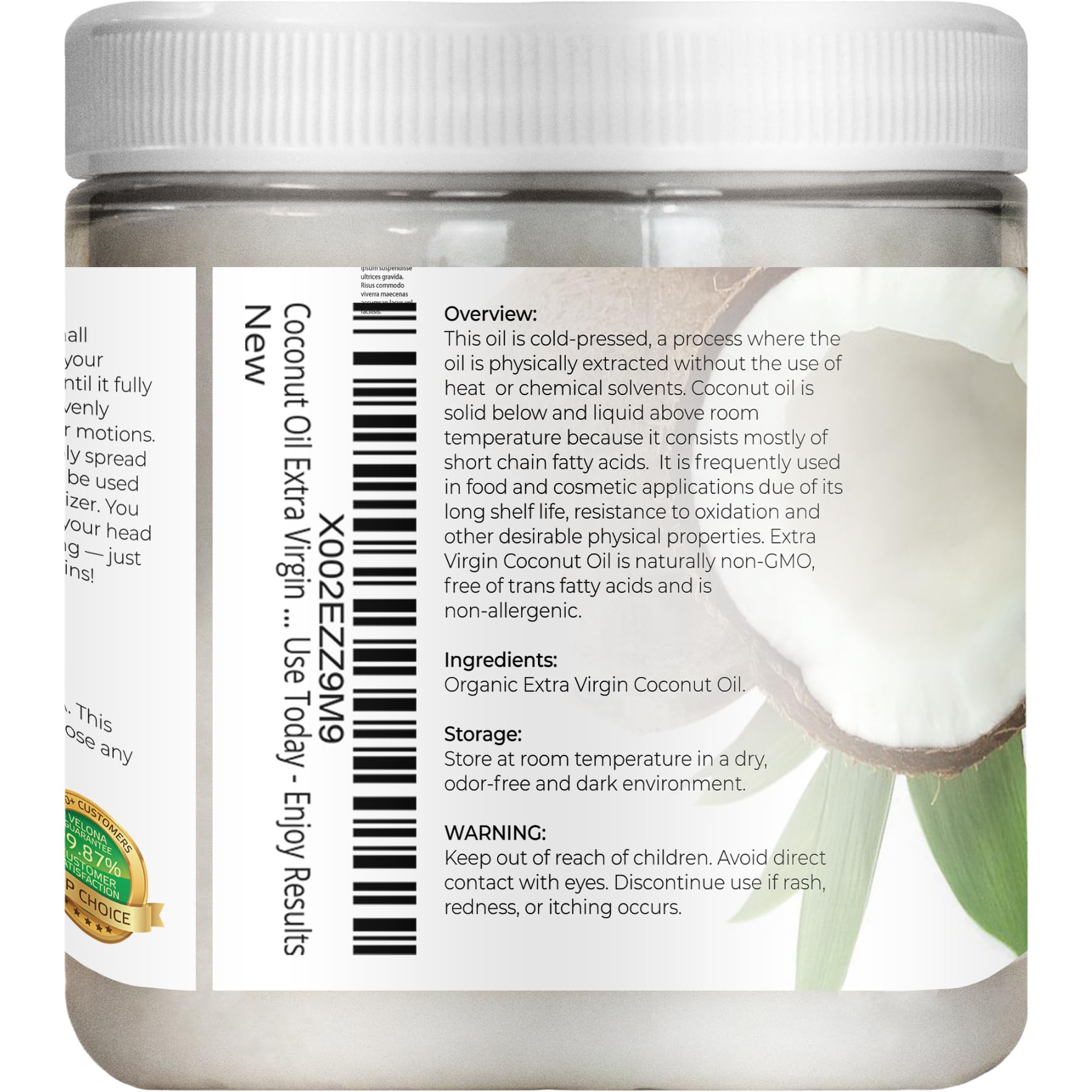 Velona USDA Certified Organic Coconut Oil Extra Virgin - 8 fl oz | Food and Cosmetic Grade | in jar | Extra Virgin, Cold Pressed