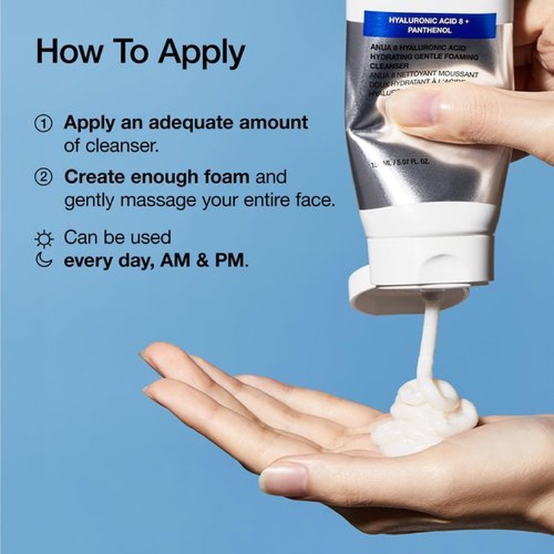 Anua Hydrating Gentle Foaming Cleanser, Hyaluronic Acid, Glycerin, Zinc, Panthenol, Korean Face Wash for Dry Skin, for Double Cleansing, Korean Skincare (150ml/5.07fl oz.)