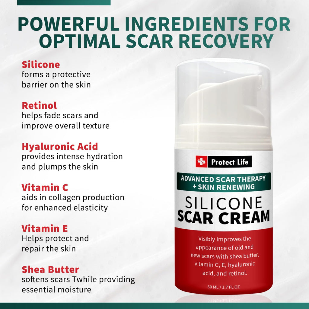 Protect Life Silicone Scar Cream for Surgical Scars, Injury & Keloid Scar Treatment, Moisturizing Scar Removal Cream, Rejuvenating Silicone Scar Gel