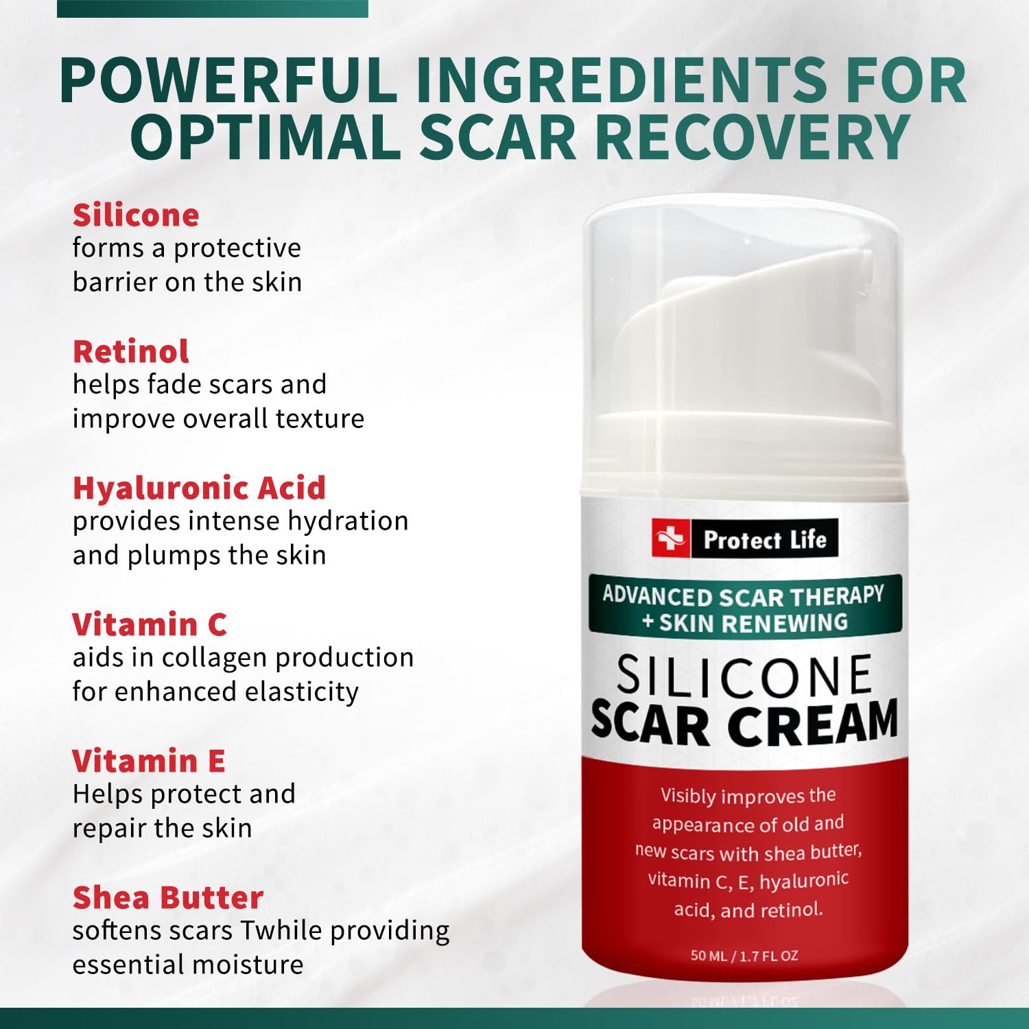 Protect Life Silicone Scar Cream for Surgical Scars, Injury & Keloid Scar Treatment, Moisturizing Scar Removal Cream, Rejuvenating Silicone Scar Gel