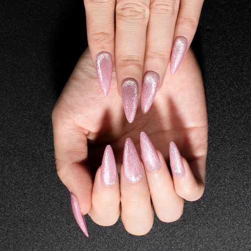 Gentle Claws Press On Nails - Pink Glitter| Bright Pink Glitter Velvet Nails, Medium Almond Shaped Press On Nails with Cat Eye Design for Women and Girls, 24 Pcs Reusable Fake Nails
