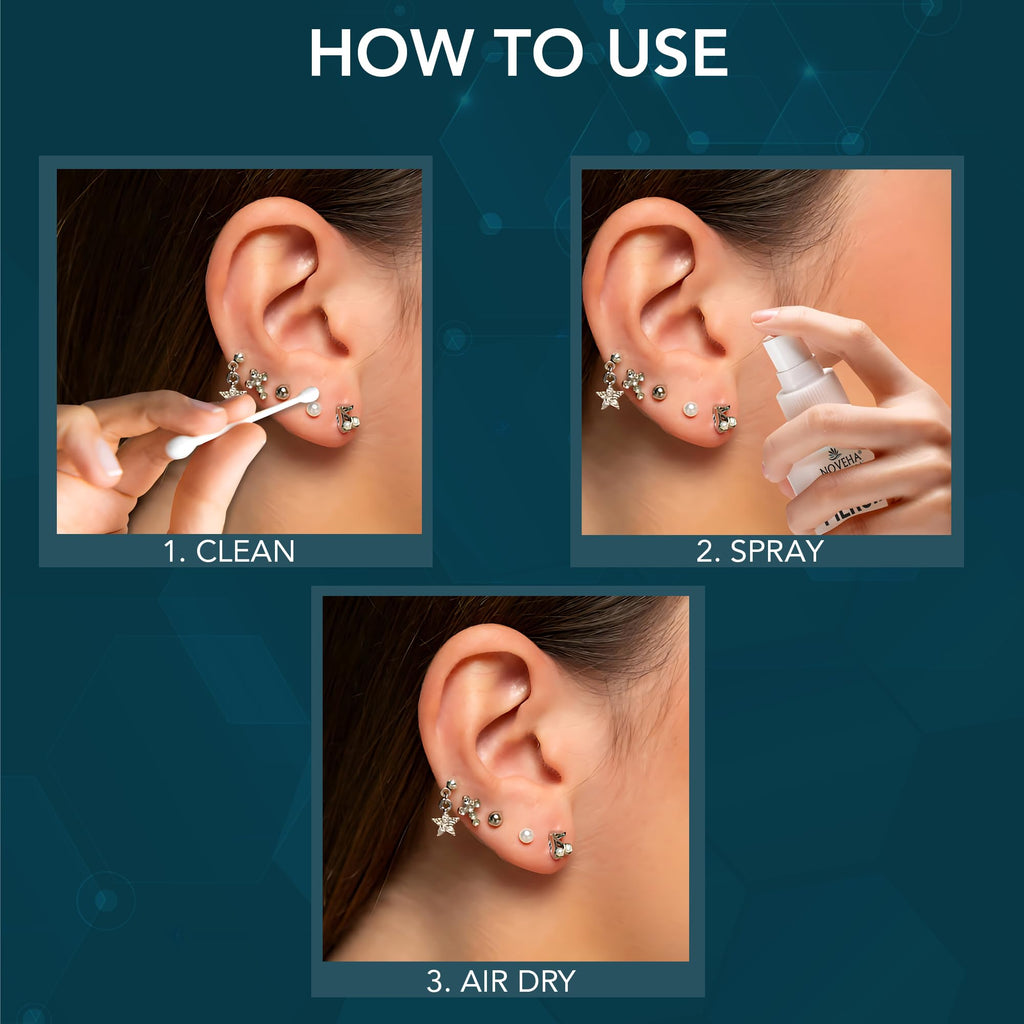 NOVEHA Piercing Aftercare Spray - Fast Cleaner Solution for Ear, Nose, and Belly Piercings - Keloid and Bump Cleaning with Hypochlorous Acid - 8 oz Bottle