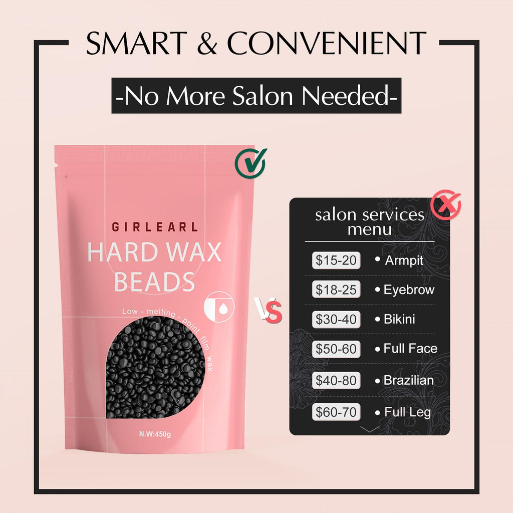 GIRLEARLE Hard Wax Beads, 1lb Wax Beans for Hair Removal, Hard Wax for Sensitive Skin at Home, Wax Refill Perfect for Legs, Facial, Brazilian Bikini, Eyebrow and Full Body for Women and Men (Black)