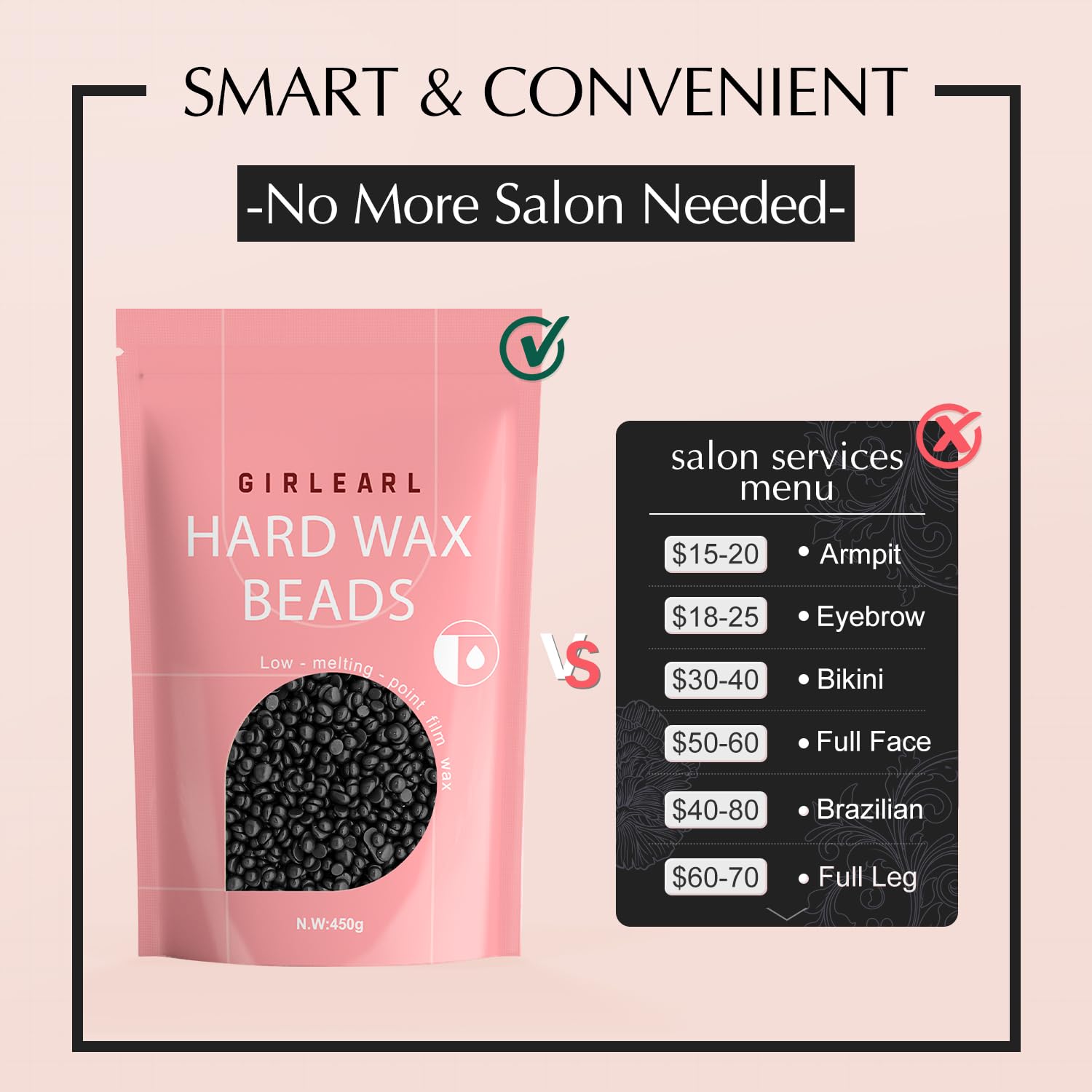 GIRLEARLE Hard Wax Beads, 1lb Wax Beans for Hair Removal, Hard Wax for Sensitive Skin at Home, Wax Refill Perfect for Legs, Facial, Brazilian Bikini, Eyebrow and Full Body for Women and Men (Black)