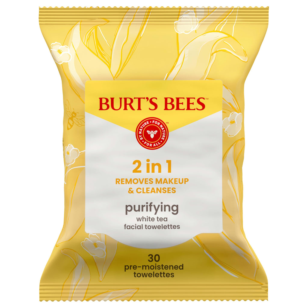Burt’s Bees Purifying White Tea Facial Towelettes, 100% Plant Based Cloths; 99% Natural Origin; Removes Makeup and Cleanses; No Rinsing; All Skin Types (Pack May Vary)
