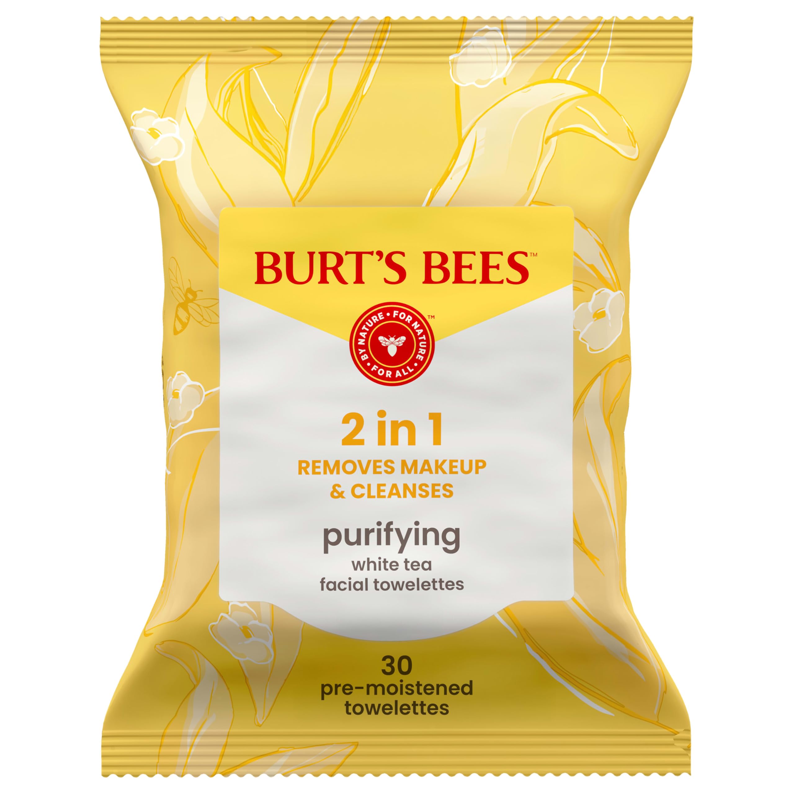 Burt’s Bees Purifying White Tea Facial Towelettes, 100% Plant Based Cloths; 99% Natural Origin; Removes Makeup and Cleanses; No Rinsing; All Skin Types (Pack May Vary)