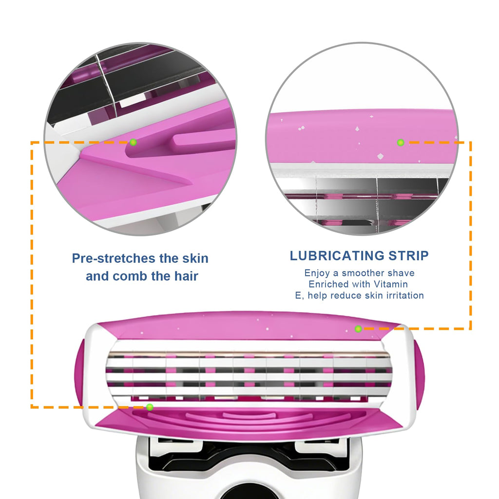 FYNEDGE Women's Safety Razor with 8 Replacement Blade Refills- 4 Blade Razors for Women, 2 Pink Handle Rubber Grip, 45° Pivoting Head, Lubricating Strip & Cleaning Brush for Smooth Shaving