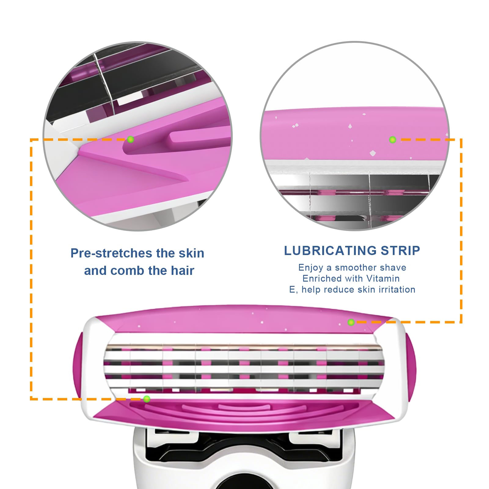 FYNEDGE Women's Safety Razor with 8 Replacement Blade Refills- 4 Blade Razors for Women, 2 Pink Handle Rubber Grip, 45° Pivoting Head, Lubricating Strip & Cleaning Brush for Smooth Shaving
