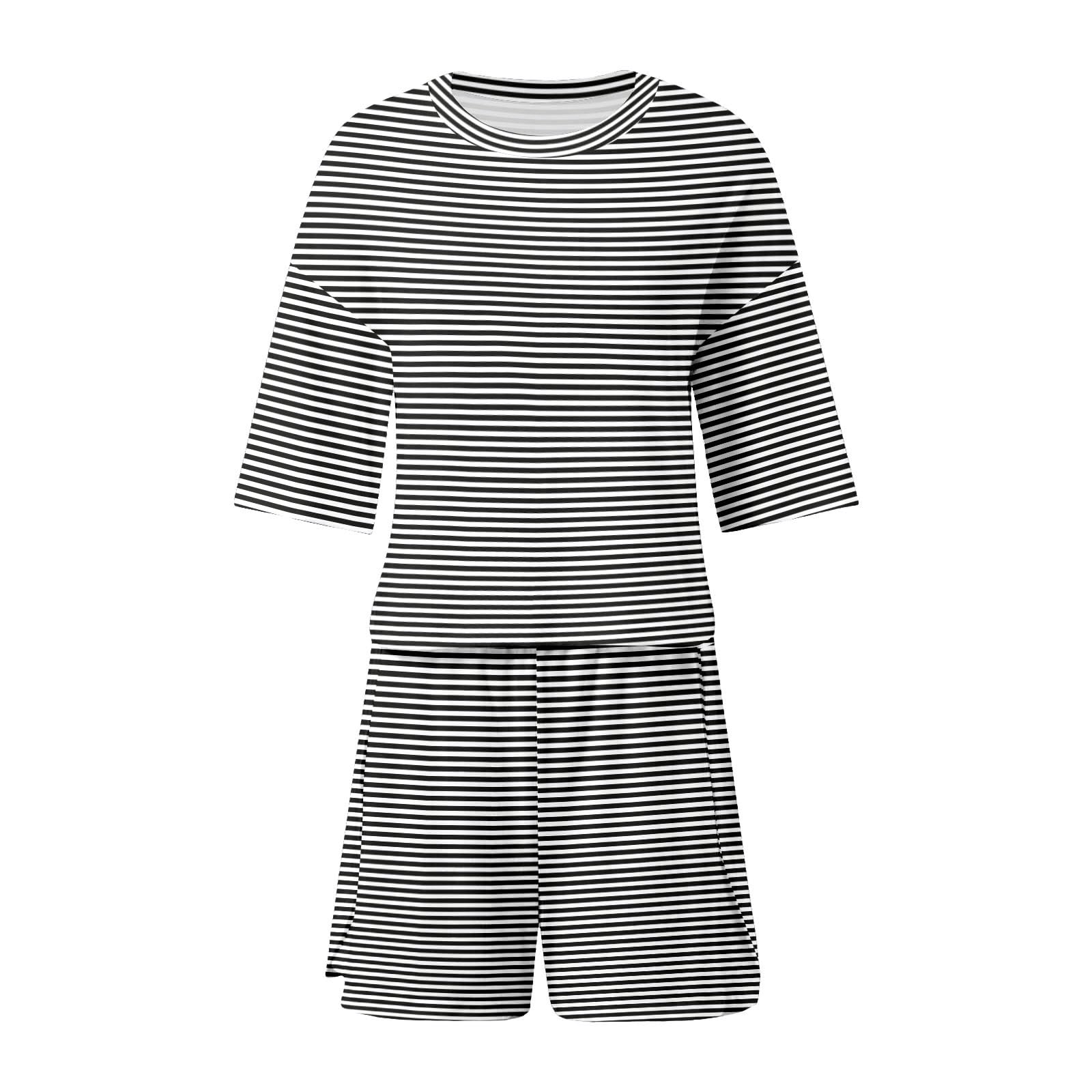 Loinjsnktng Pajamas Shorts Sets For Women Split Short Pjs Set Soft Striped Pajama Tops Elastic Waist Shorts Lounge Sleepwear