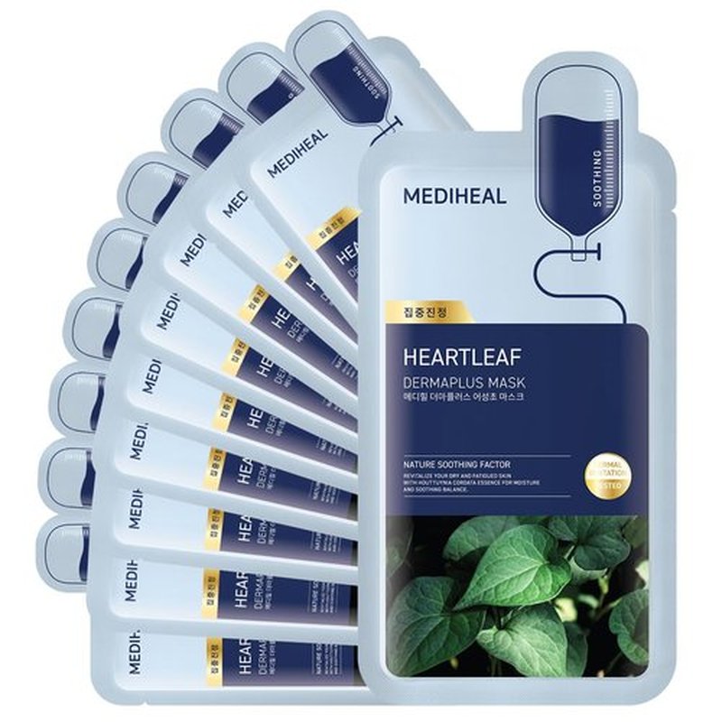 Mediheal Dermaplus Heartleaf Mask - Vegan Soothing Sheet Mask with Panthenol & Hyaluron | 10 Counts