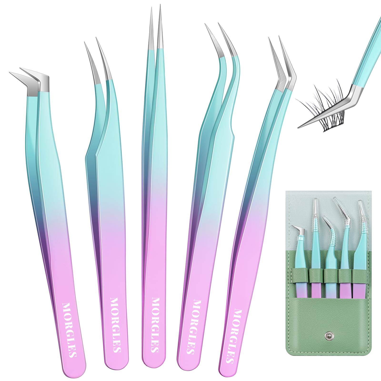 MORGLES 5 PCS Lash Tweezers Set for Eyelash Clusters