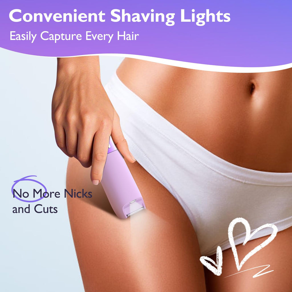 Bikini Trimmer for Women, Dual Head Electric Razors, Pubic Hair Trimmer with IPX7 Waterproof & Easy Cleaning, Rechargeable Painless Silk Glide Pro Shaver for Underarm Leg Arm Body Face, Purple