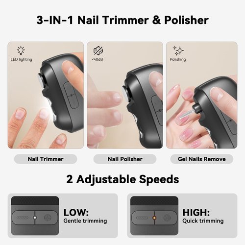 Electric Nail Clipper Fingernail Trimmer: 3-in-1 Automatic Nail Polisher with LED Light, Clip Storage, 2-Speed, Rechargeable Smart Nails Cutter Easy to Use for Seniors, Baby, Adult, Kids, Black