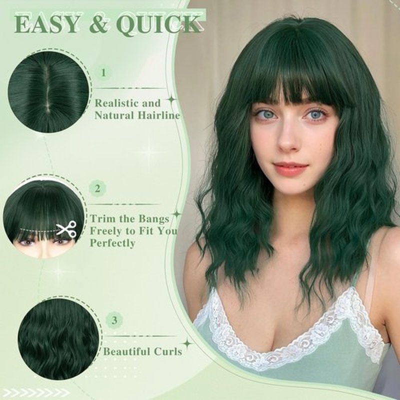 NAYOO Dark Green Wig with Bangs, 14 Inch Bob Wig with Bangs, Shoulder Length Green Short Wig for Daily Party Use