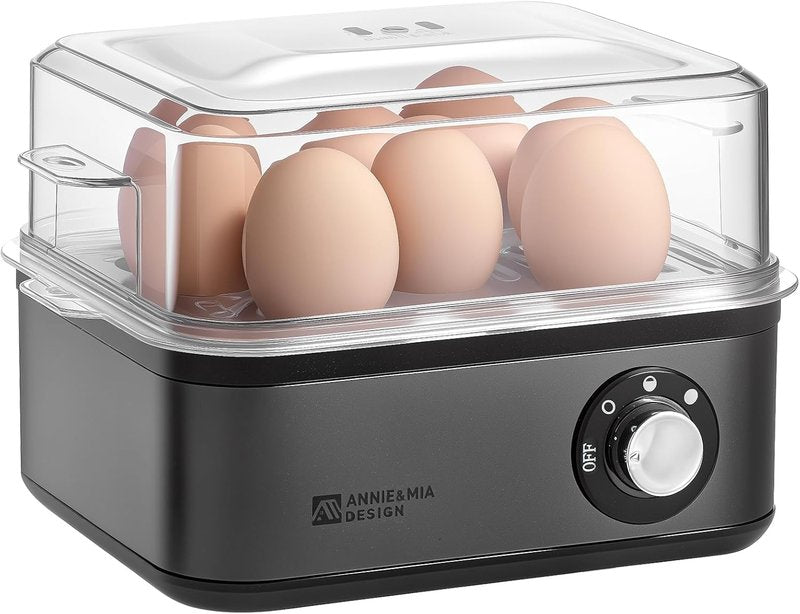 Annie & Mia Design Stainless Steel Electric Egg Cooker - 8 Egg Capacity, 500W, Auto Shut-Off & Recipe Guide (Black)