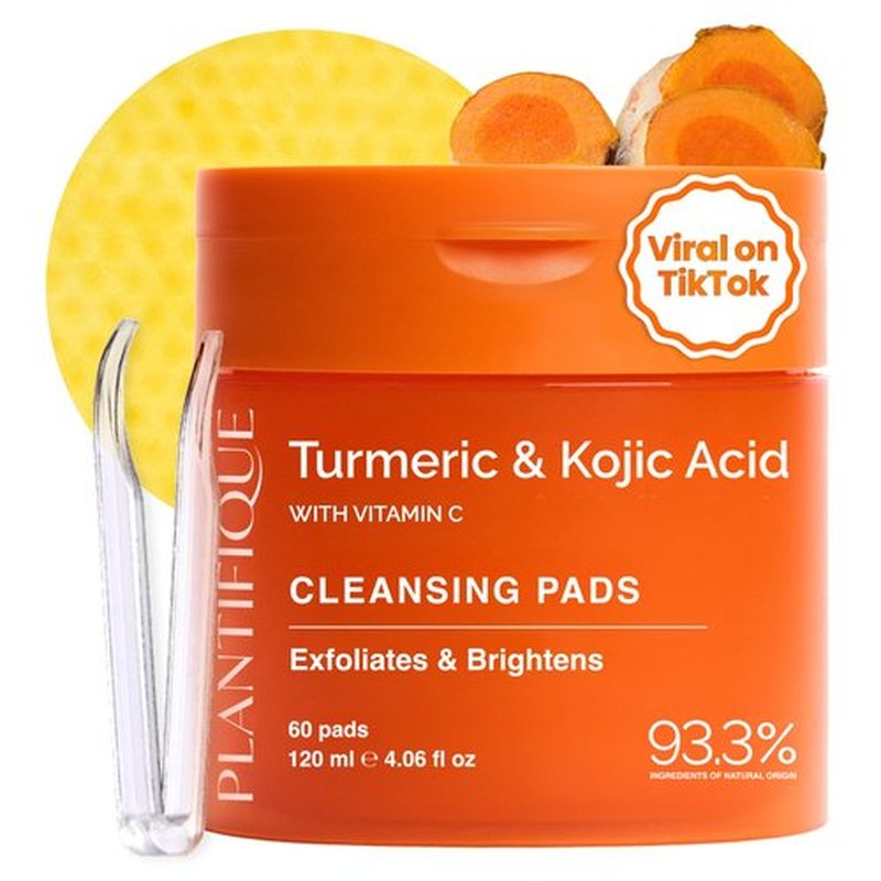 PLANTIFIQUE Kojic Acid and Turmeric Cleansing Pads – 60 Exfoliating Facial Pads for Skin Refresh – Daily Skincare Routine