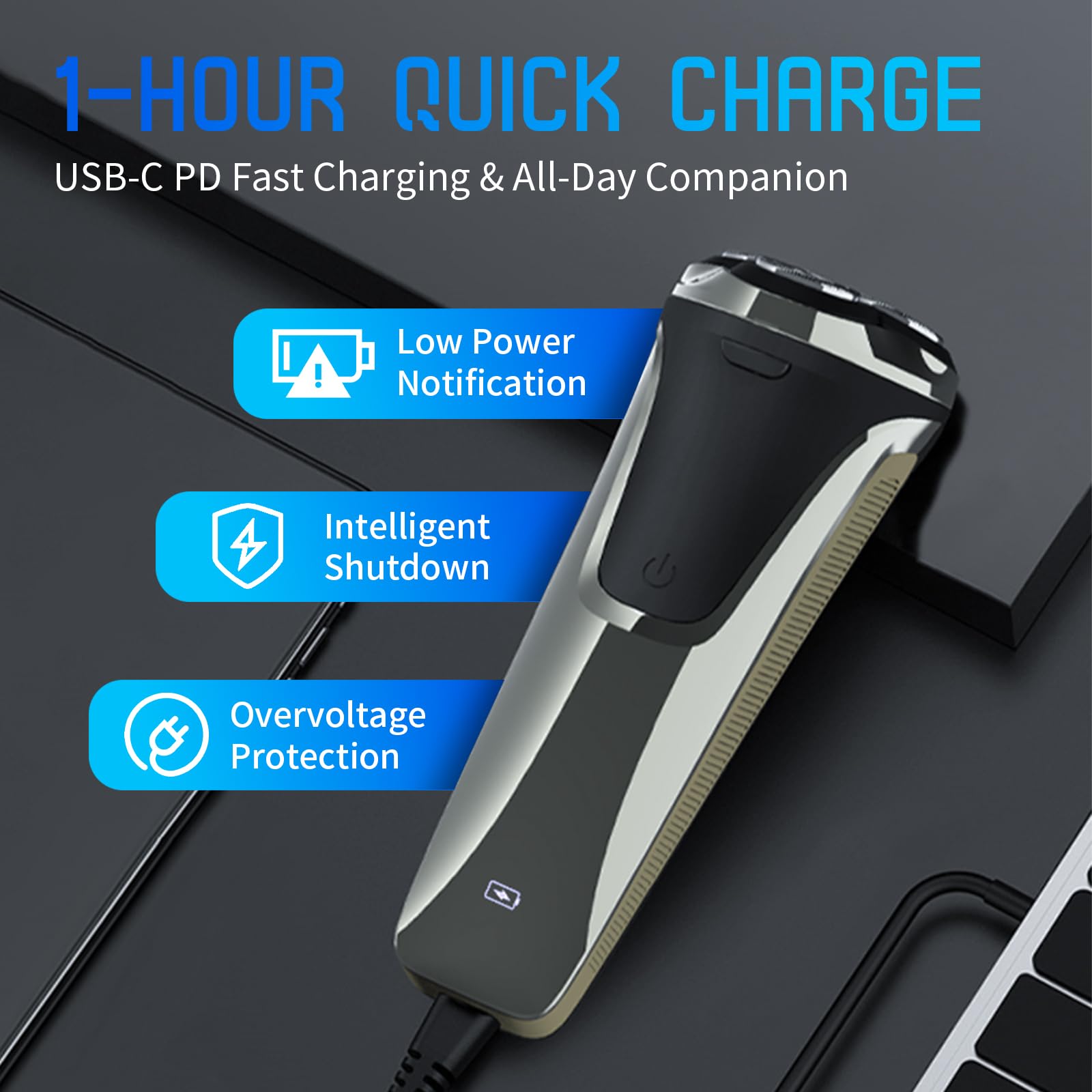 Snapbuy Electric Razor for Men, Waterproof Cordless Shaver with 90-Min Runtime,4D Floating Precision Blades System, Fast Charging, Travel-Friendly for Wet & Dry Use (Blue)