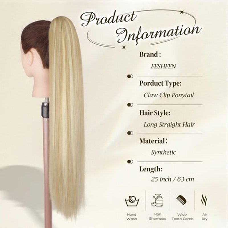 FESHFEN Claw Ponytail Extensions - Long Straight Ponytails for Women Hairpieces Synthetic Hair Pony Tails Extension Clip in Hairpiece, 25 inch Dirty Blonde