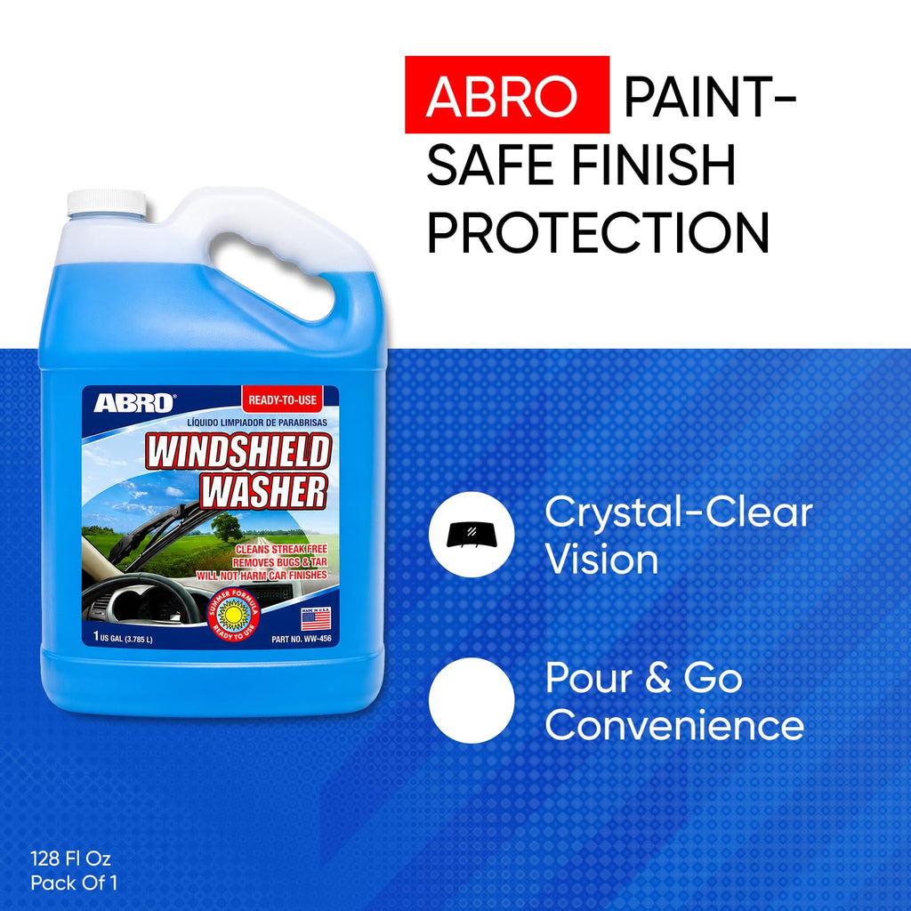 ABRO Windshield Washer Fluid Ready to Use Formula - 1 Gallon, Pre-Mixed, Streak-Free Cleanliness, 2-In-1 Removes Bugs & Tar