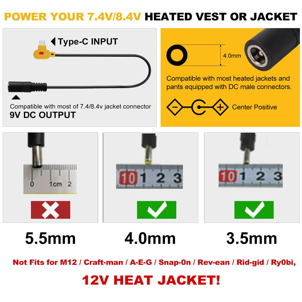 Smarkey 9V Heated Jacket Battery Step-Up Adapter Cable Compatible with ORORO and Venustas 7.4V, 8.4V Heated Jackets, Hoodies & Heated Vests (Not for 12V Heated Gear)