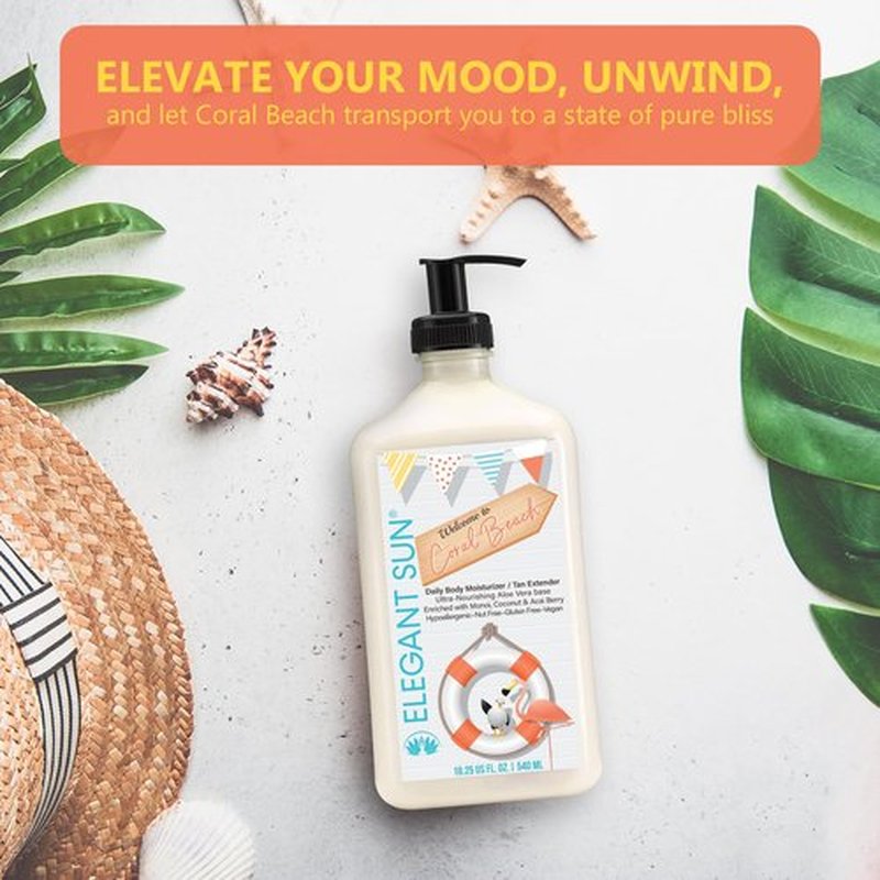 Elegant Sun Coral Beach Daily Moisturizer, Tan Extender Lotion, for After Sun or Tanning Bed, Aloe Vera base, Hypoallergenic, Sensitive Skin, Great for Men and Women, Unisex Fresh Scent