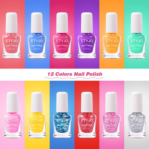 ETYJO Kids Nail Polish Set - 12 Glitter Colors, Non-Toxic, Water-Based Peel-off, Quick-Drying, Perfect for Girls & Toddlers