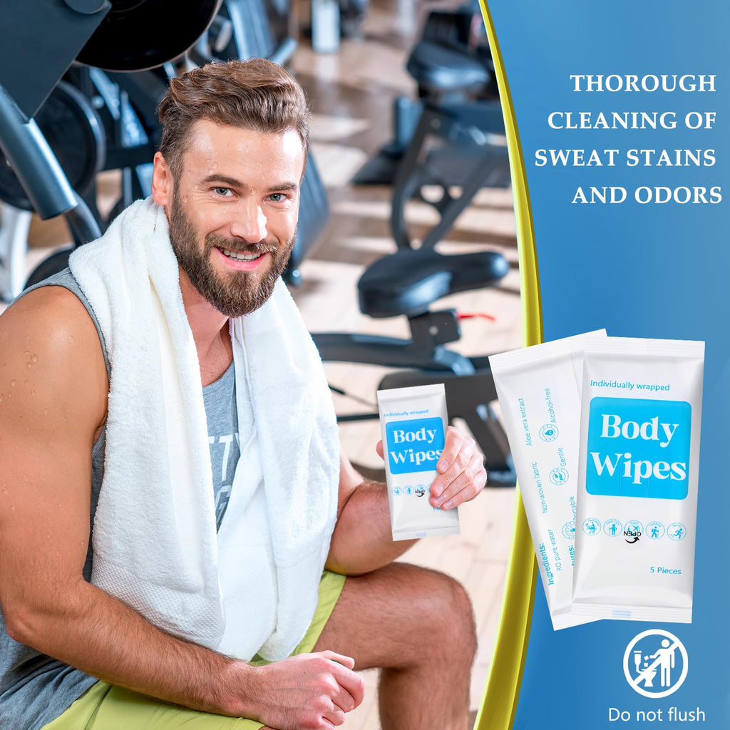 Threlaco 300 Pcs 60 Pack Body Wipes for Adults Bathing No Rinse Individually Wrapped Shower Wipes Washcloth with Aloe Cleansing Body Wash Cloths Disposable Bulk Deodorant Homeless(White Background)