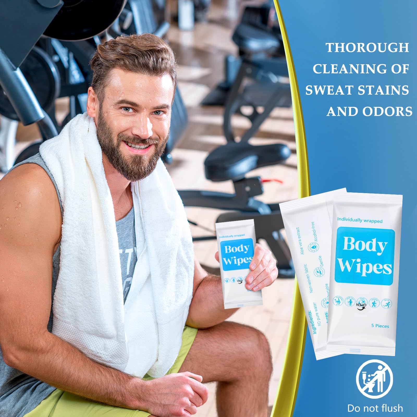 Threlaco 300 Pcs 60 Pack Body Wipes for Adults Bathing No Rinse Individually Wrapped Shower Wipes Washcloth with Aloe Cleansing Body Wash Cloths Disposable Bulk Deodorant Homeless(White Background)