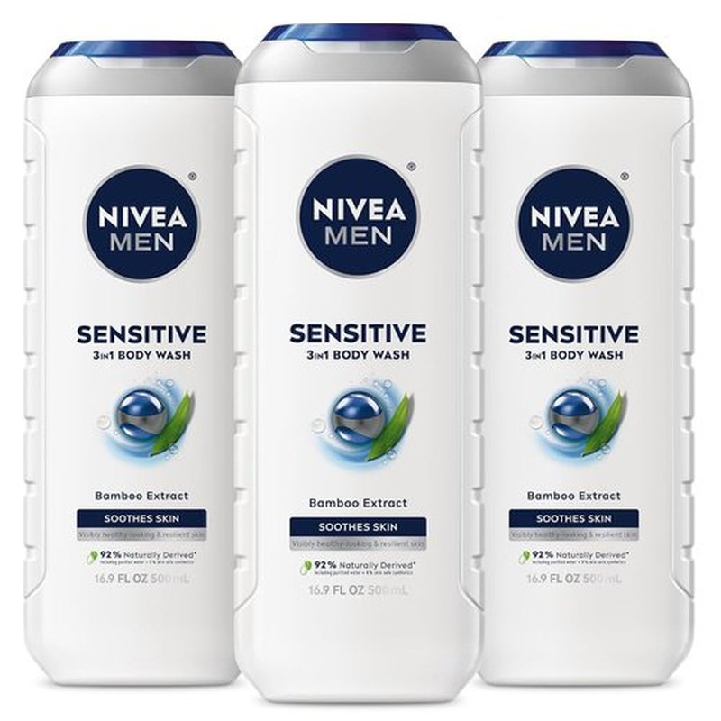 NIVEA MEN Sensitive Body Wash - Moisturizing Shower Gel with Bamboo Extract | 16.9 Fl Oz, Pack of 3